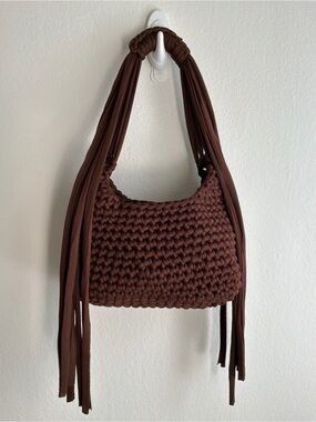 Crochet Fringe Shoulder Bag in Dark Brown